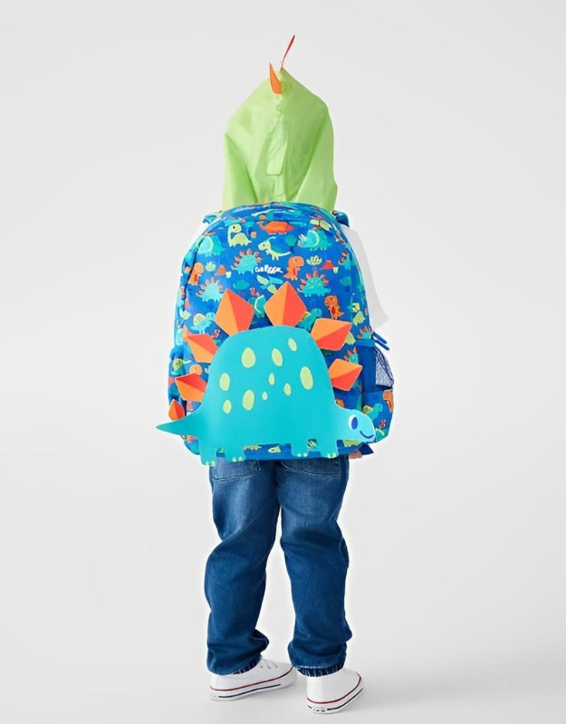 A child wearing the Smiggle dino backpack with the cap up